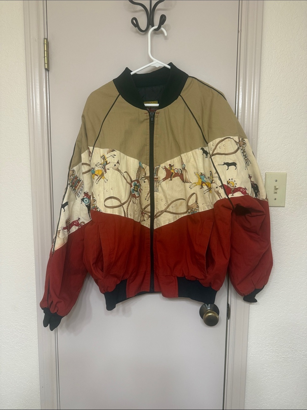 Bee Wild Mens Colorblock Bomber Jacket Native Southwestern Print Tan Red Large